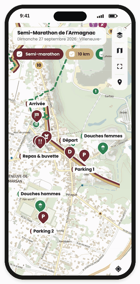 Aperçu du plan interactif sur téléphone : la carte des parcours, la fiche d’un lieu et l’itinéraire.